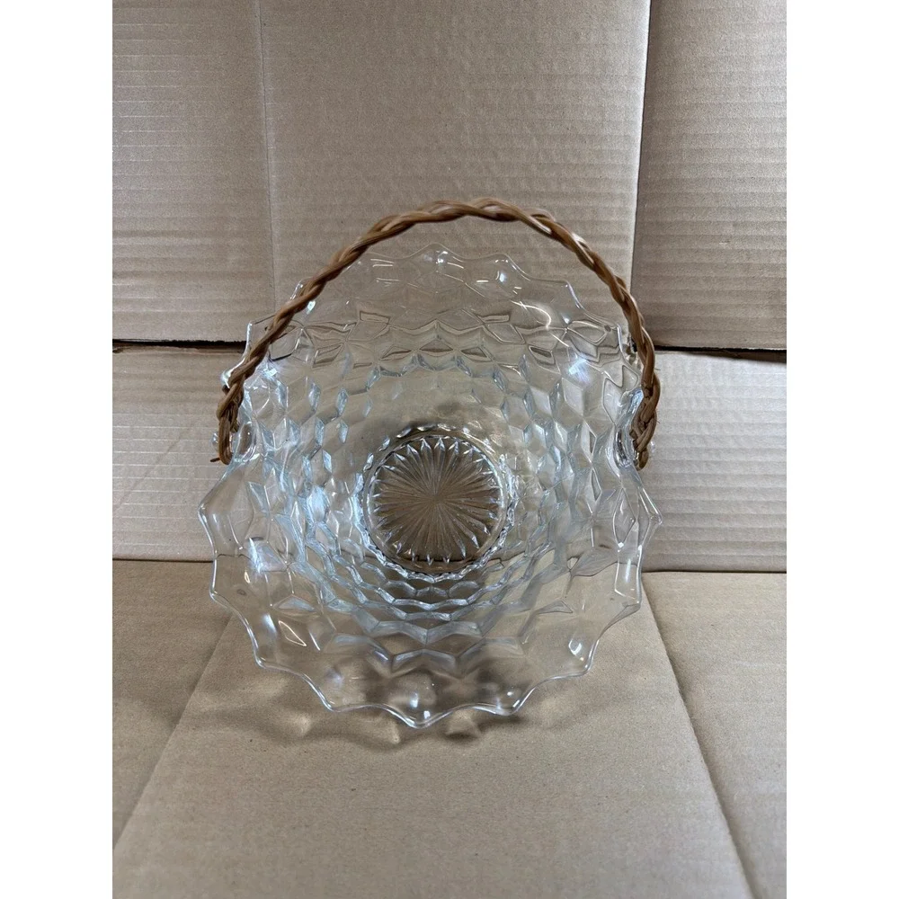 Rare Vintage Fostoria American Cube Glass Basket Wicker Handle Ruffled Rim